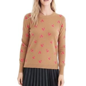 J. Crew 100% Cashmere Crewneck Sweater Camel Color W/Cherries Size XSmall